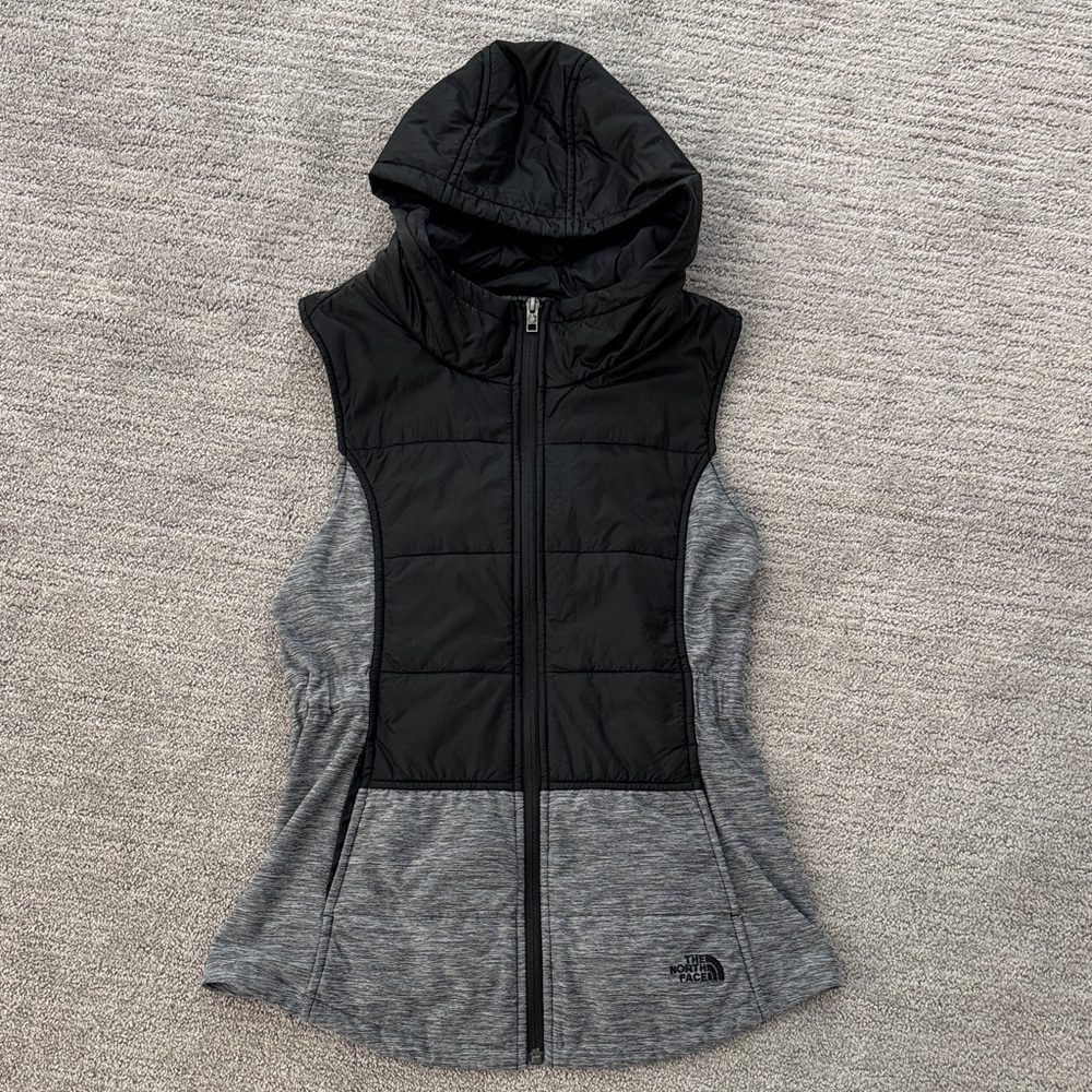 The North Face Sleeveless Hooded Puffer Vest in Black and Heather Gray